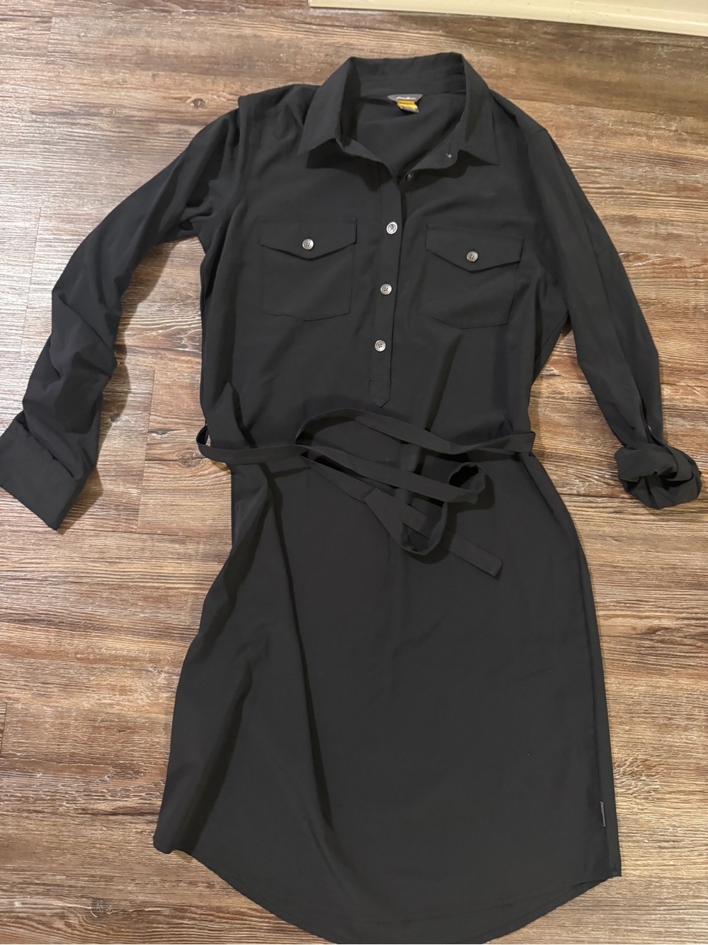 Eddie Bauer Black Long-Sleeve Shirt Dress with Tie Waist
